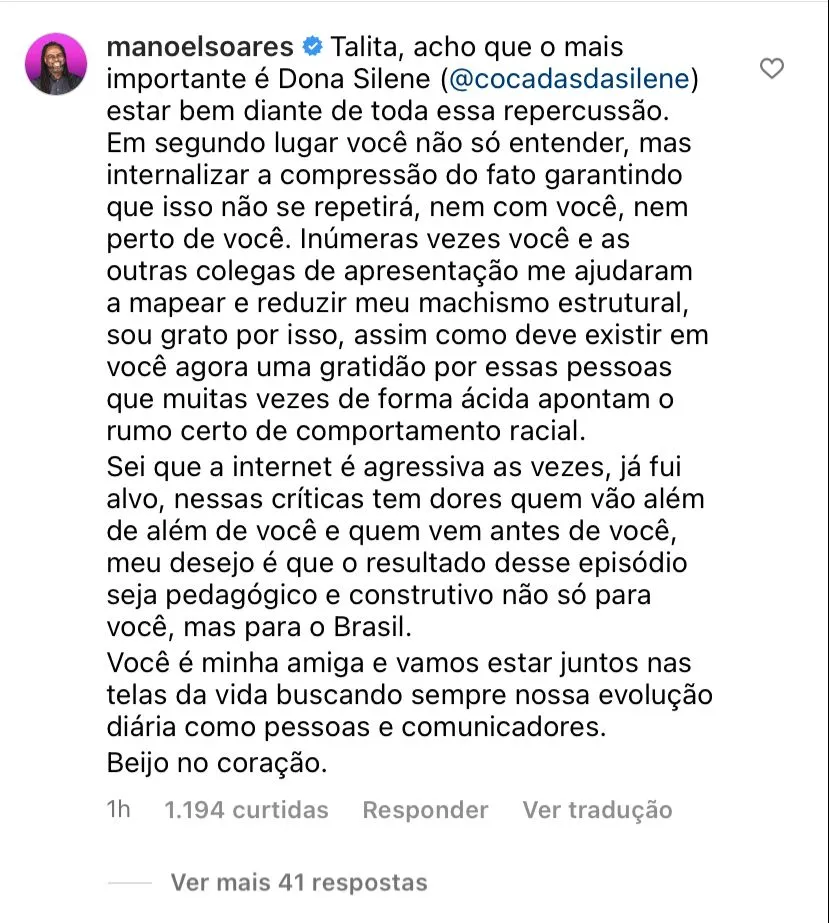 O apresentador Manoel Soares deixou um comentário na publicação de Talitha