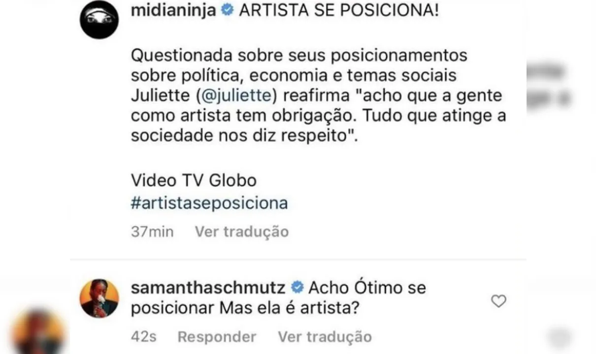 Post da página Midia Ninja e comentário de Samanta Schmütz