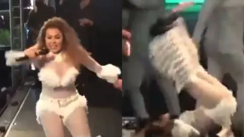 Joelma se desequilibra e cai de pernas para o ar em show