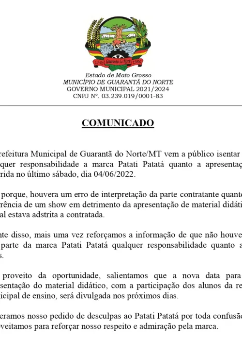 Pronunciamento da Prefeitura de Guarantã do Norte