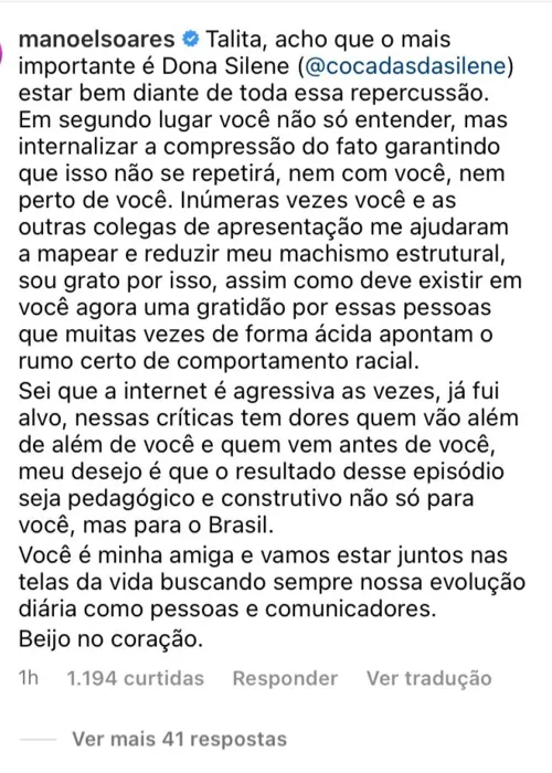 O apresentador Manoel Soares deixou um comentário na publicação de Talitha