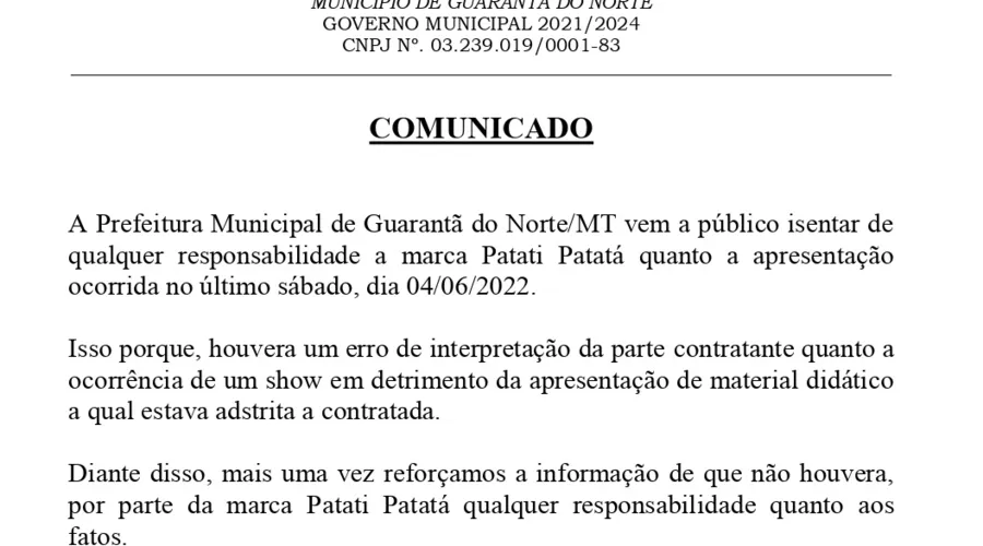 Pronunciamento da Prefeitura de Guarantã do Norte