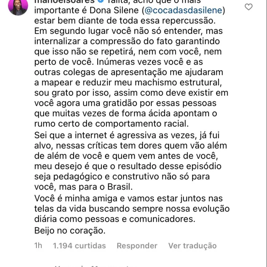 O apresentador Manoel Soares deixou um comentário na publicação de Talitha
