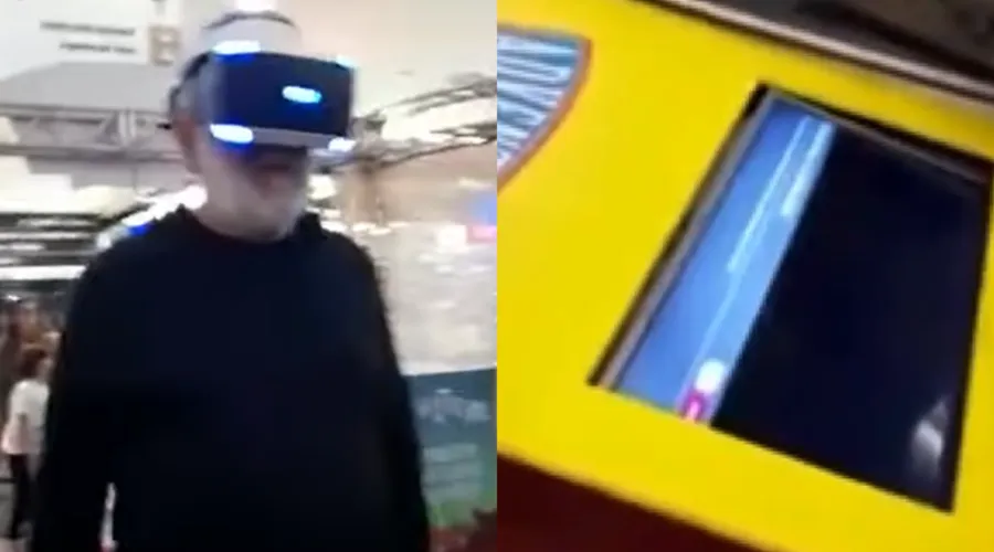 Roberto se empolgou e acabou caindo sobre a tela de realidade virtual
