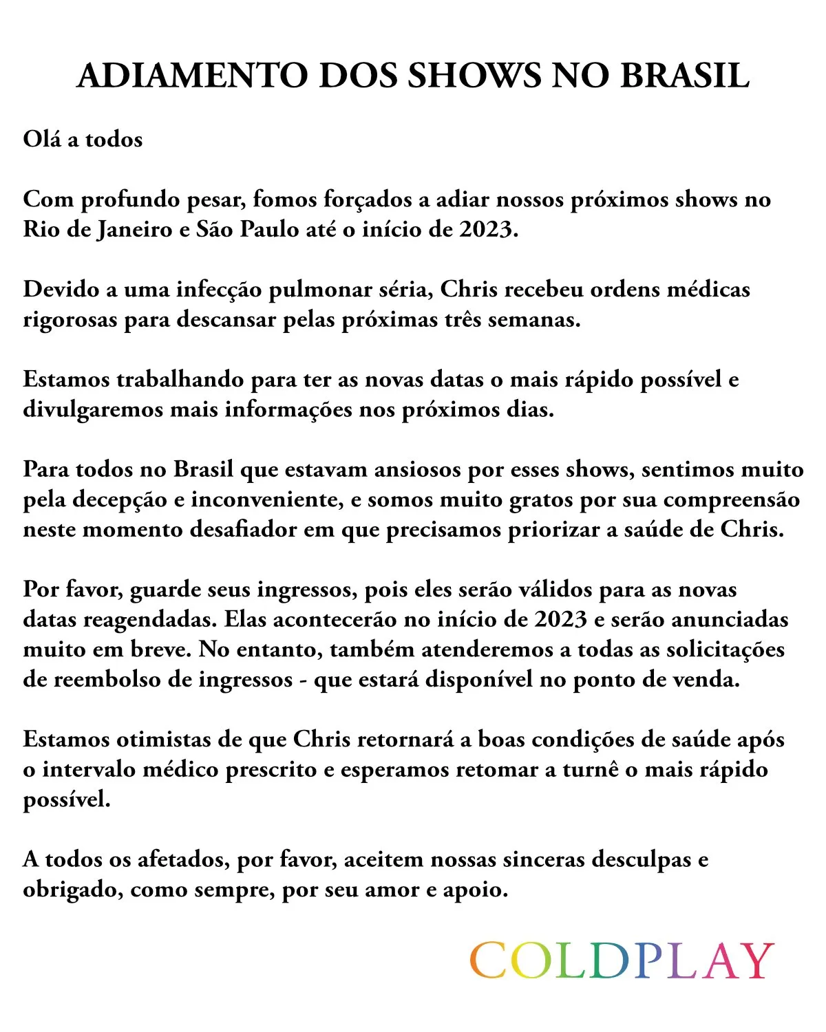 Comunicado oficial traduzido para português