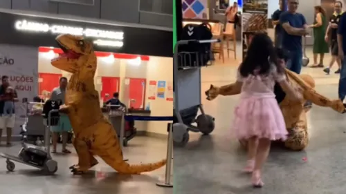 O homem desembarcou vestido de Dinossauro no aeroporto de Fortaleza