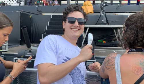 Bruno na frente do Palco Mundo, do Rock in Rio, no último  sábado