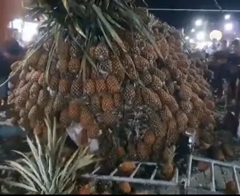 A escultura tinha o formato da fruta e era formada por diversos abacaxis de verdade