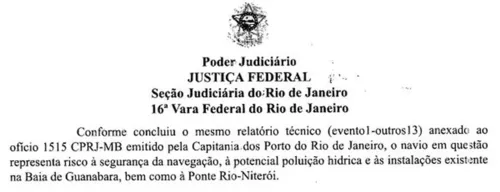 A decisão judicial já falava sobre os riscos da embarcação para o meio ambiente