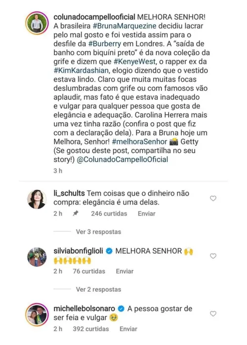 Michele Bolsoaro deixou seu comentário na publicação do colunista Francisco Campello