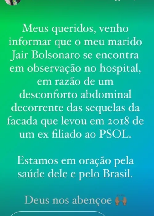 Ex-primeira-dama divulgou quadro clínico de Bolsonaro