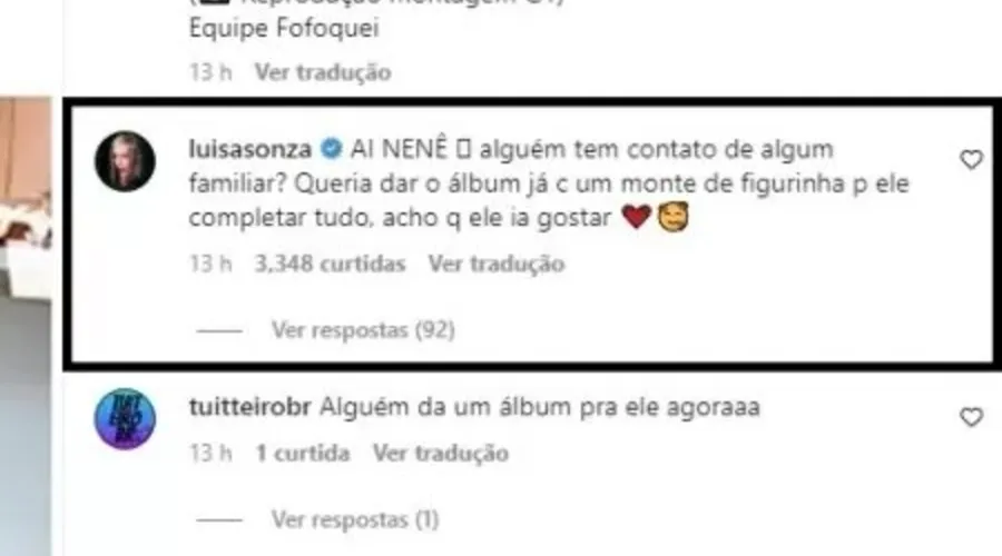 Luísa Sonza comenta em publicação do Instagram oferecendo figurinhas para João Gabriel