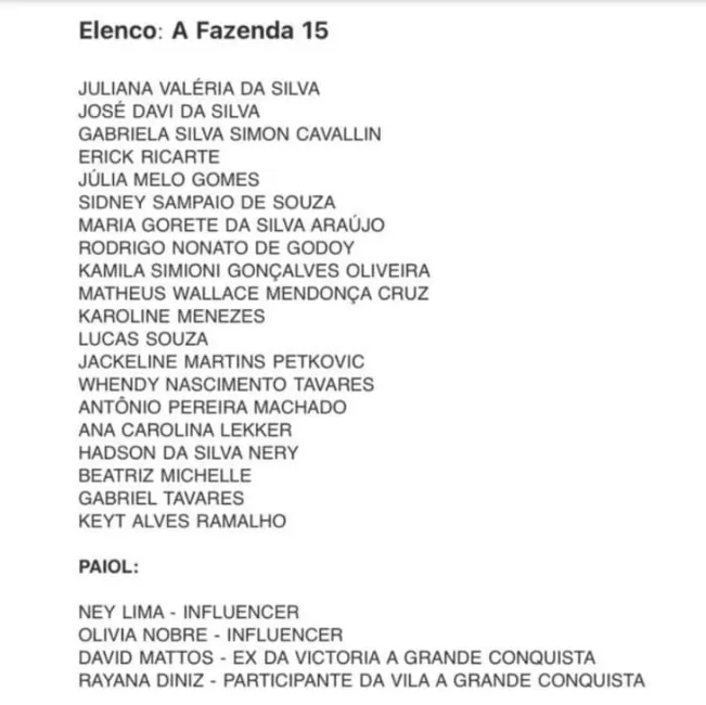 Confira lista dos participantes confirmados na Fazenda 15 - Folha PE