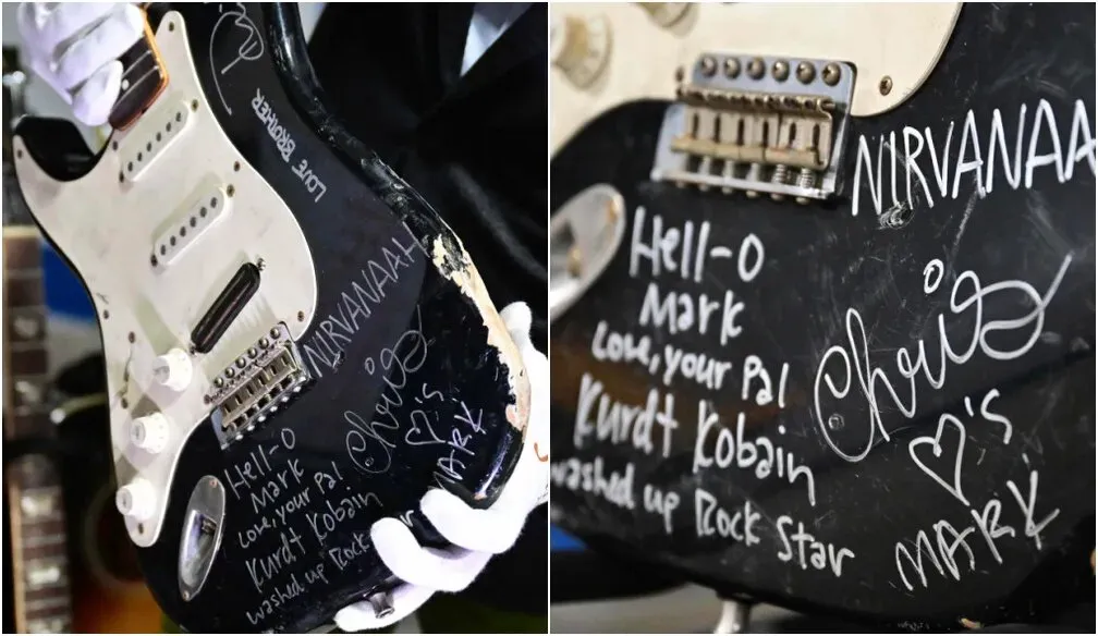 Guitarra foi quebrada no palco por Kurt Cobain durante um show; instrumento também continha assinaturas dos membros da banda