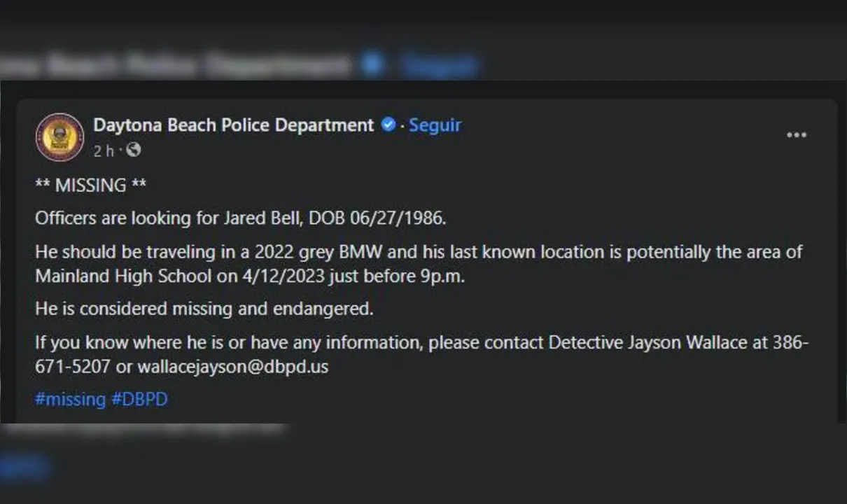 As informações são do Departamento de Polícia de Daytona Beach, na Flórida (EUA)