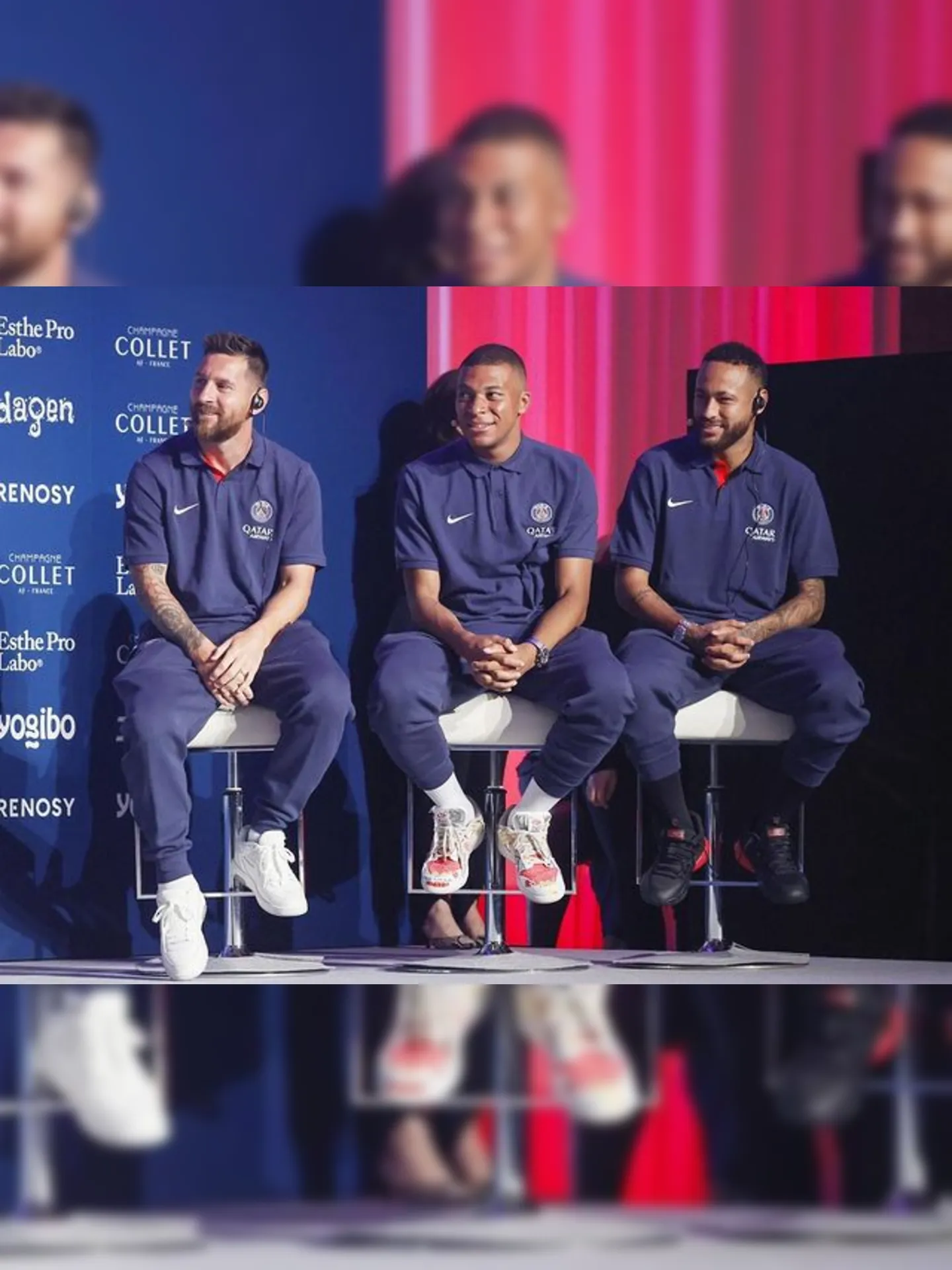Messi, Mbappé e Neymar durante coletiva do time