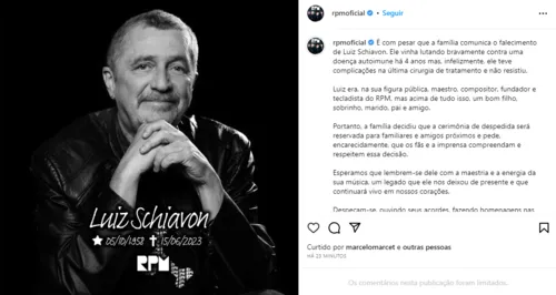 Banda comunicou morte do músico nas redes sociais