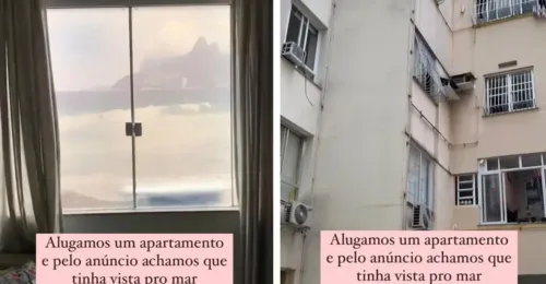 Janela do apartamento tem adesivo com imagem de mar e Pão de Açúcar