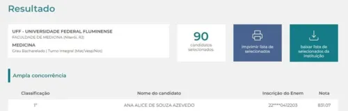 Ana Alice ficou em 1º na classificação geral em medicina, na UFF