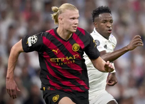 Haaland e Vinícius Júnior na partida entre Real Madrid e Manchester City, pela semifinal da Champions League