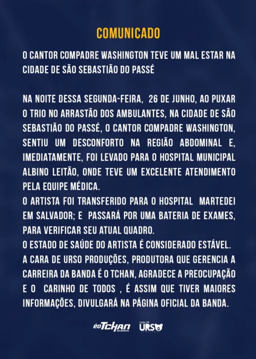 A equipe do cantor publicou uma nota tranquilizando os fás