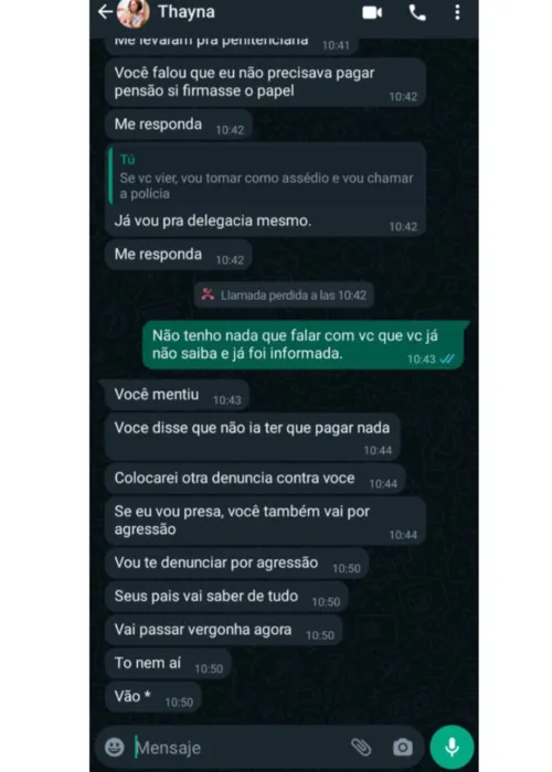 Mensagem enviada à Davi no qual ele alega comportamento agressivo da mãe da criança