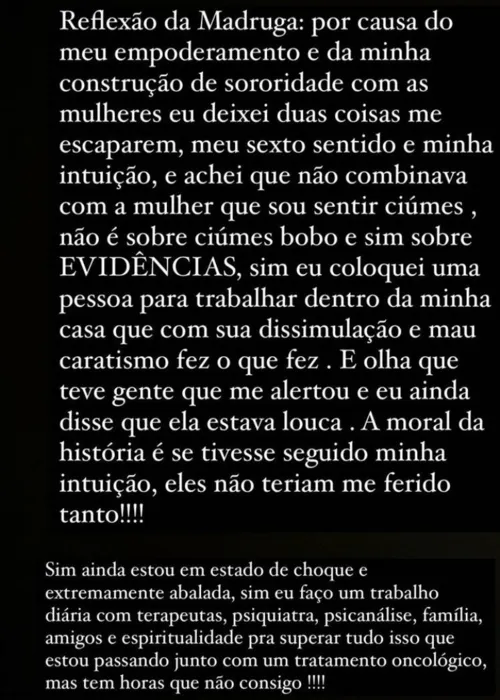 Desabafo que Preta Gil apagou depois dos pedidos do ex