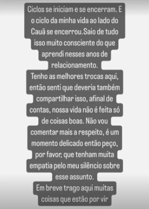 Anúncio do término no storie do Instagram da Mariana