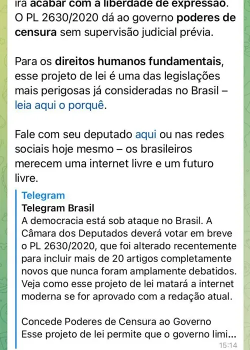 Mensagem enviada pelo Telegram aos usuários