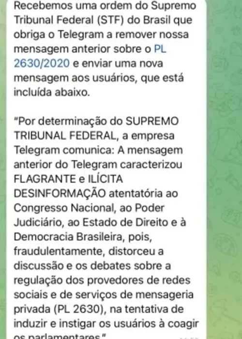 Nova mensagem emitida pelo Telegram