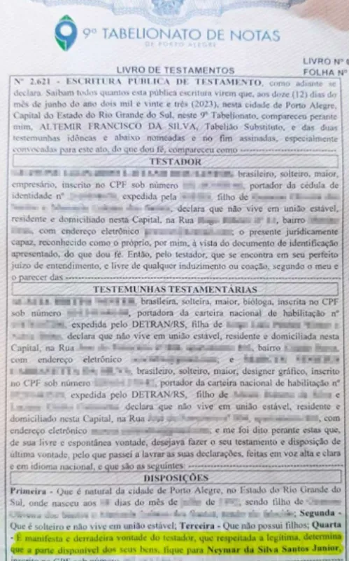 Testamento deixado pelo fã de Neymar
