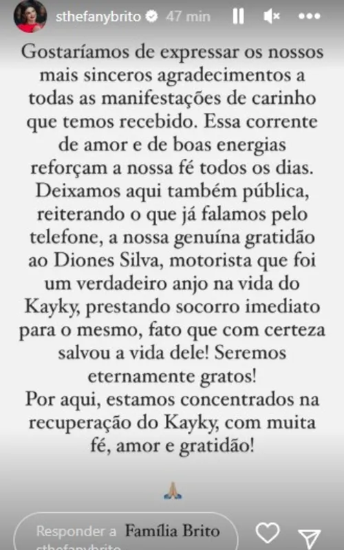 Imagem ilustrativa da imagem Família de Kayky Brito agradece motorista de aplicativo: "Um anjo"