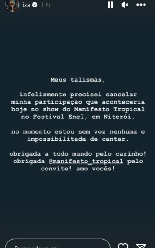 Iza anunciou ausência em seu storie no Instagram