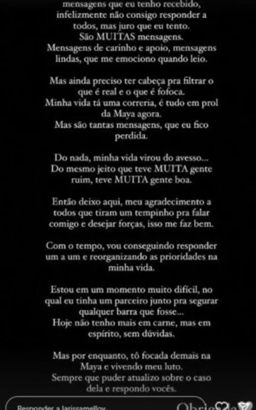 Larissa se pronunciou sobre o caso
