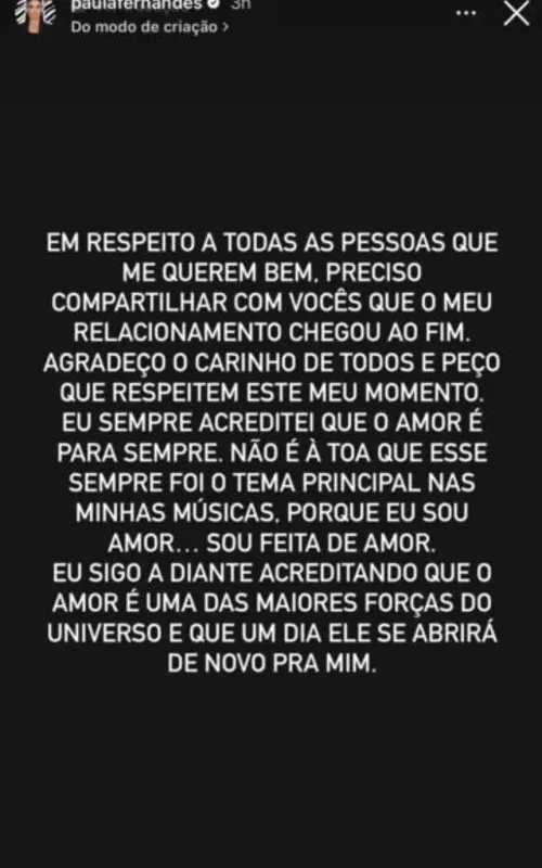 Paula Fernandes anunciou o término com Rony Cecconello através de uma nota no Instagram