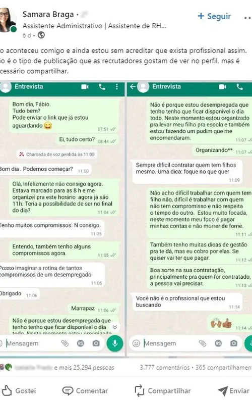 Samara compartilhou a conversa no LinkedIn