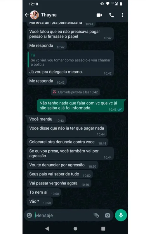 Mensagem enviada à Davi no qual ele alega comportamento agressivo da mãe da criança