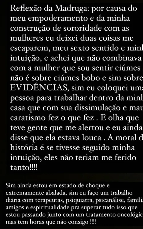 Desabafo que Preta Gil apagou depois dos pedidos do ex