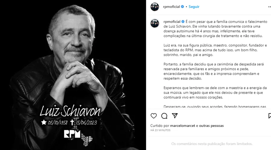 Banda comunicou morte do músico nas redes sociais