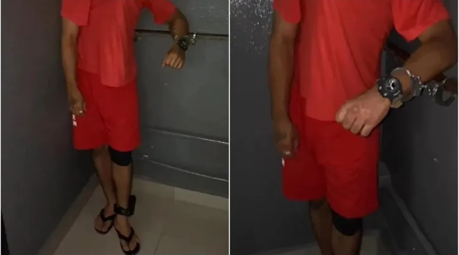 Fantasiado de detento usava uma blusa vermelha, um calção com a sigla do Depen e a tornozeleira feita com fita isolante