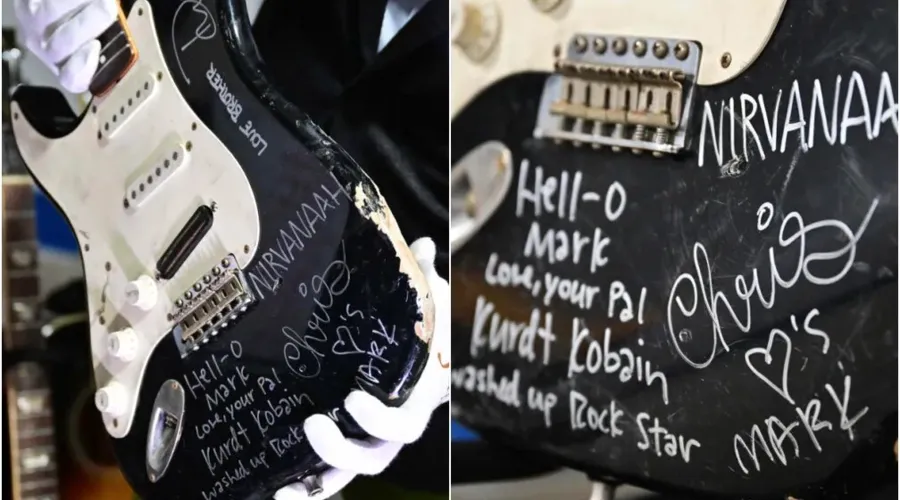 Guitarra foi quebrada no palco por Kurt Cobain durante um show; instrumento também continha assinaturas dos membros da banda