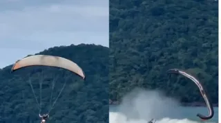Imagem ilustrativa da imagem Piloto de paramotor cai no mar após manobras perigosas; veja vídeo