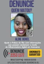 Imagem ilustrativa da imagem Polícia divulga cartaz para identificar suspeitos da morte de Aline Borel