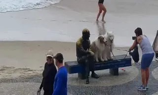 Imagem ilustrativa da imagem Doguinhos roubam a cena ao lado de estátua em Copacabana