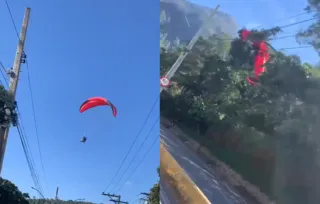 Imagem ilustrativa da imagem Piloto de parapente faz pouso de emergência e cai em árvore; vídeo